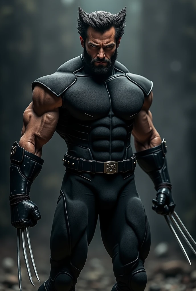 Wolverine with ALL BLACK uniform, in combat position or jumping or running. Picture farthest from the camera with as much detail and high definition as possible, HD, Realistic. Black color shaded screen background with white.