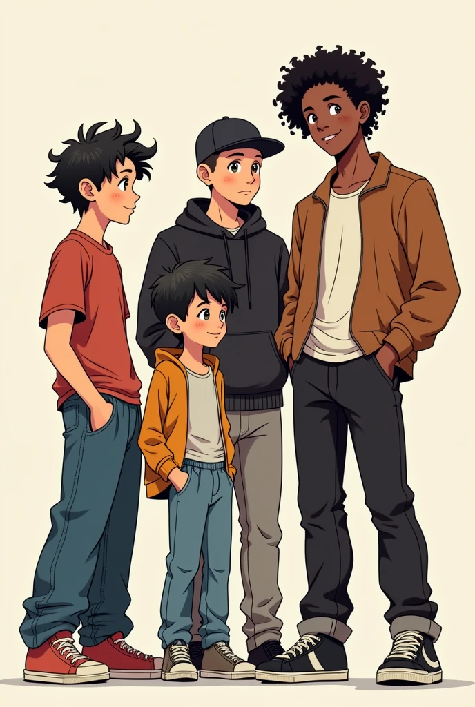 An image with 4 people, a young thin man, with wavy hair and just above shoulder length, wearing baggy pants. a short young woman, dark haired and bangs, a young man not so strong but well defined wearing a black cap. and a tall black boy, with medium curly hair and wearing grunge clothes. Image made with anime lines