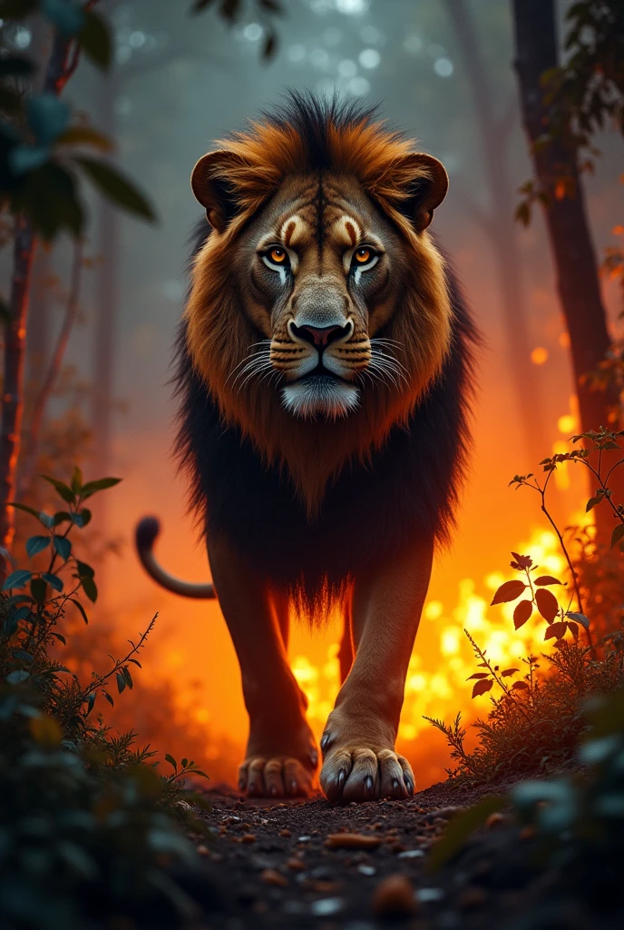 Wallpaper of a jungle at night, em chamas, and a brave lion among the trees.