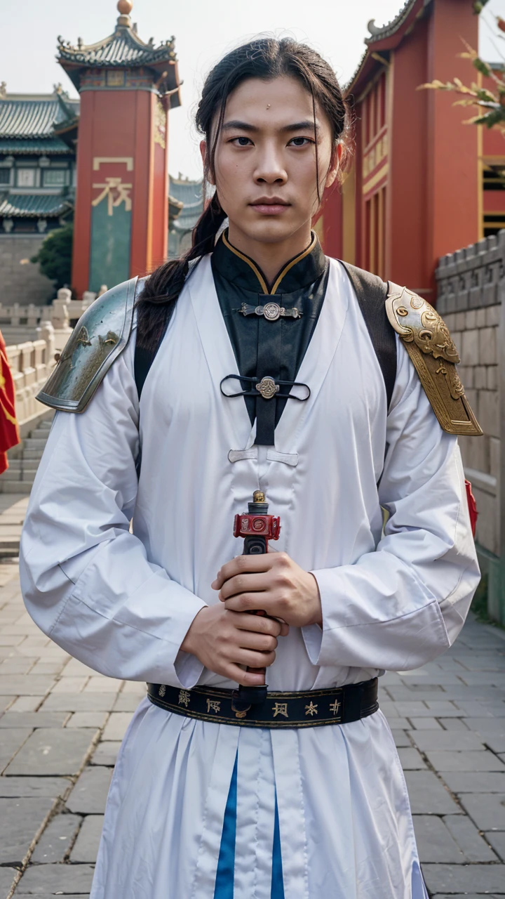 real photos，Cinematic color,Erlang God in Chinese Mythology，young and strong。(Three eyes），Wearing armor，Holding a three-pointed gun，Fighting with a group of divine soldiers。Standing against the background of the Chinese Imperial Palace。