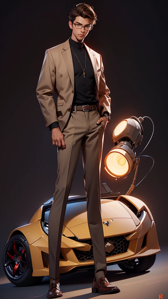 envision a 8k, highres, semi realistic cinematic full body concept art design sheet of a smart nerdy guy working on technology with a slender body, clean shaved, short sleek brown hair, and brown eyes, glasses, red sweatshirt, beige slacks, belt, dress shoes, tech attachments, against a dark gray background