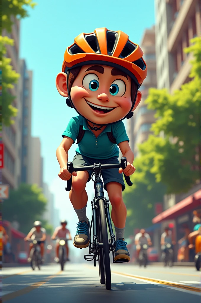 Create a caricature of a man riding a bicycle complete with a bicycle helmet on a busy road.