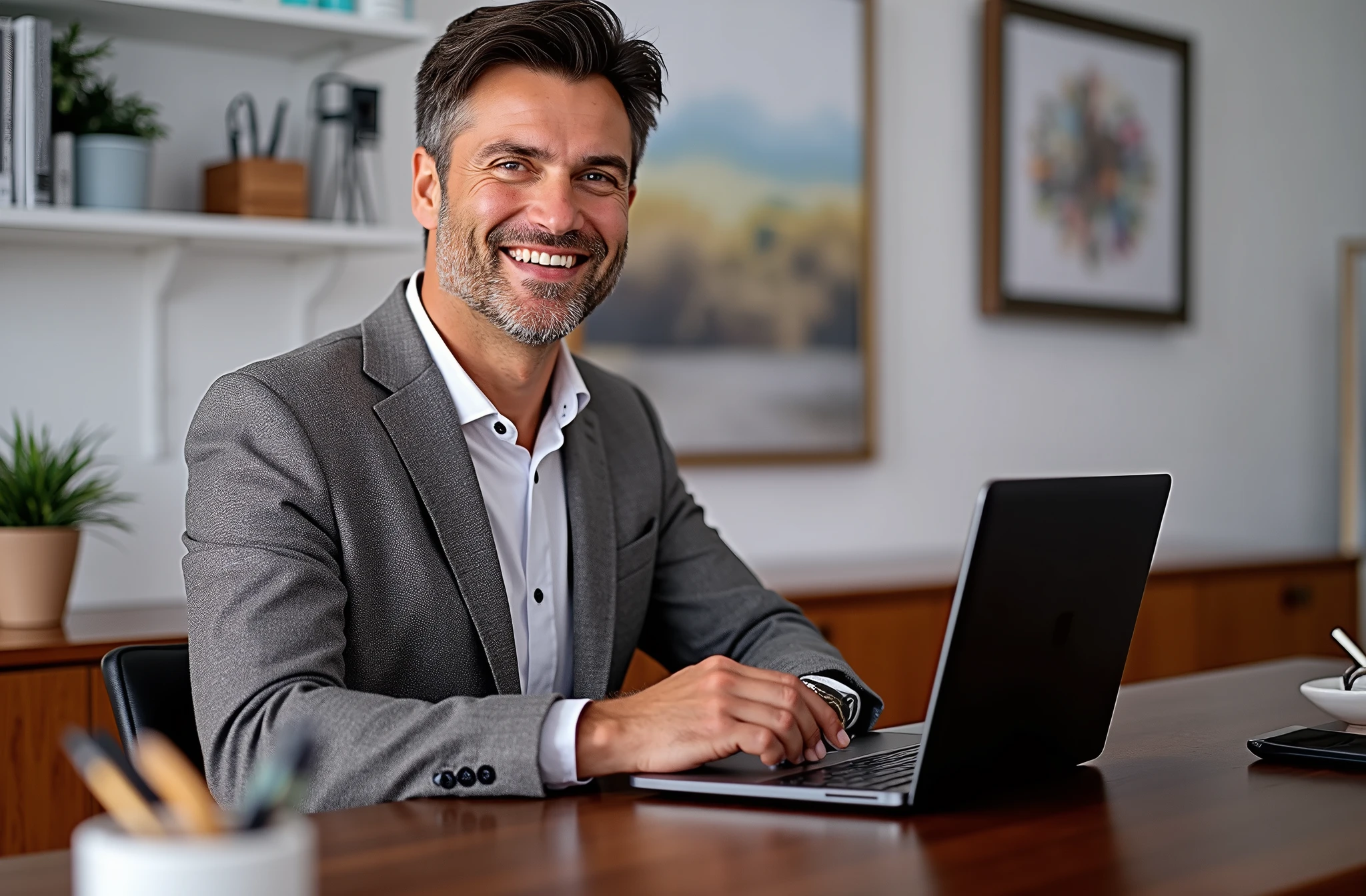 An American man working on his laptop computer in the office early in the morning，Smiling at the camera