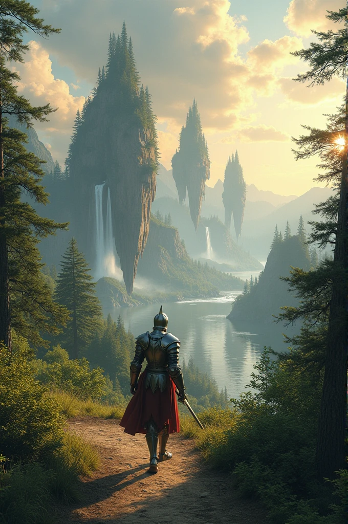 One knight walking in the middle of trail with a lot Floating island view