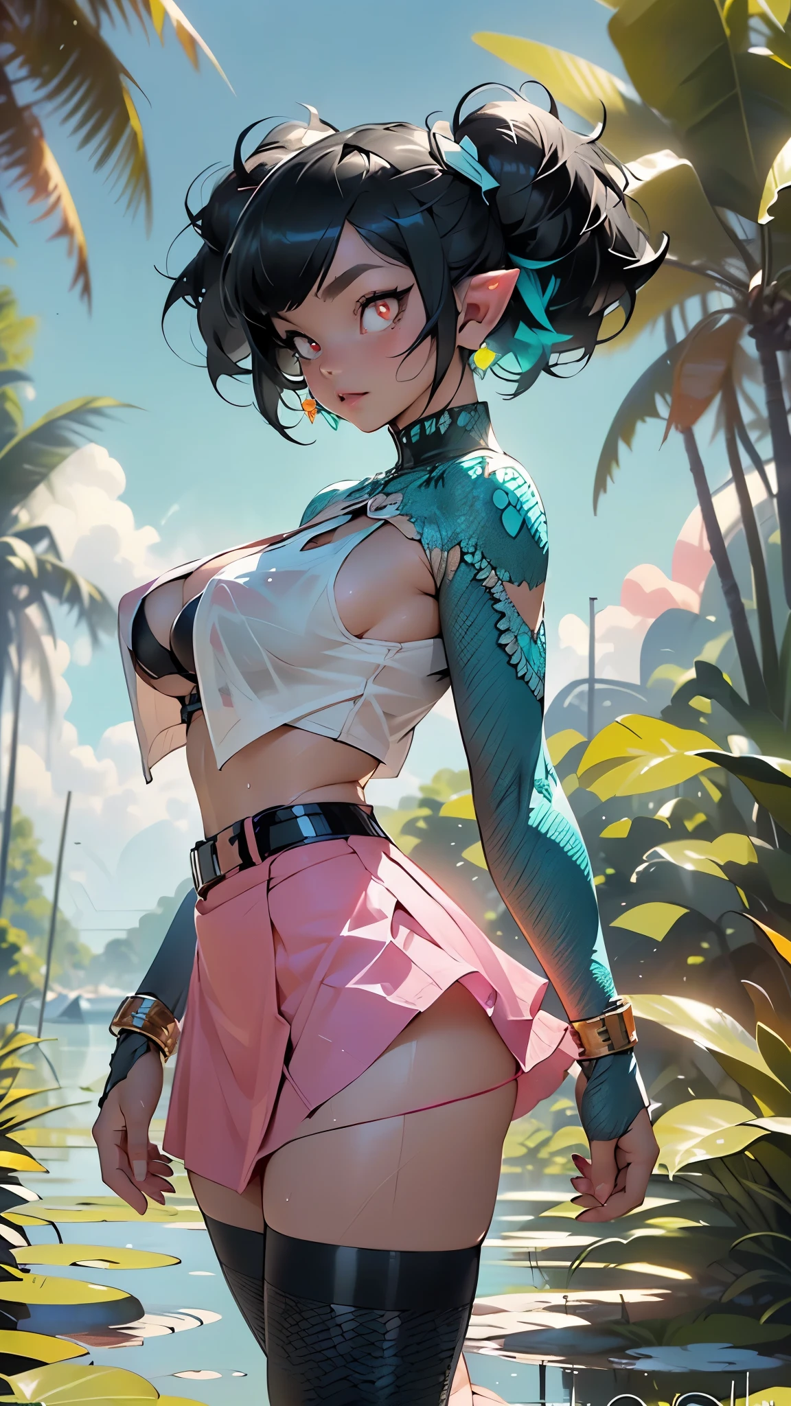 alien girl,(((1girl))),((beautiful alien girl)),

alien fish girl,(huge eyes:1.5),(((ear fins:1.5))),(((scaly skin:1.5))),((monster_girl)),

(turquoise hair:1.5), short hair, (((very short hair:1.5, twintails hairstyle))),

(glowing eyes, turquoise_eyes:1.0), (((black sclera:1.5))),symmetrical eyes,(large breasts:1.4),saggy breasts,((colored inner hair)),((fat)),(((lustrous skin:1.5,bright skin: 1.5,skin tanned,shiny skin,very shiny skin,shiny body,plastic glitter skin,exaggerated shiny skin,illuminated skin, wet legs))),(spider lower abdomen,narrow waist,wide hip,athletic body,inflated legs, thick thighs,detailed body,(detailed face)),

cute,slutty,seductive,erotic,((nsfw)),

zettai ryouiki,revealing clothing,show skin,((scale bikini,((neon pink  color scale mini-skirt)),visible thong straps)),((underpants strap)),(wearing a scale dancing outfit:1.3,scale dancing clothes,semi-naked,with little clothing),(((pink scale clothes))),((wet clothes,intricate outfit,intricate clothes)),

(dynamic pose:1.0),solo focus,embarrassed,(centered,scale to fit dimensions,Rule of thirds),

outdoors, ocean, (ocean in the background), scenery, extremely scenery, (puddles everywhere, moss, moss on the bottom), clouds, water lilies, palm trees, reeds, (sunset, golden hour),(egyptian palace background,pyramids in the background),

(Glossy atlantis ornaments),highres,sharp focus,(ultra detailed,extremely detailed),(photorealistic artwork:1.37),(extremely detailed CG unity 8k wallpaper),(((vibrant colors,vibrant theme))),(intricate),(masterpiece),(best quality),artistic photography,(photography taken by sldr),(intricate background),perfect rendered face,perfect face details,realistic face,photo realistic,((intricate detail)),(((realism))),
