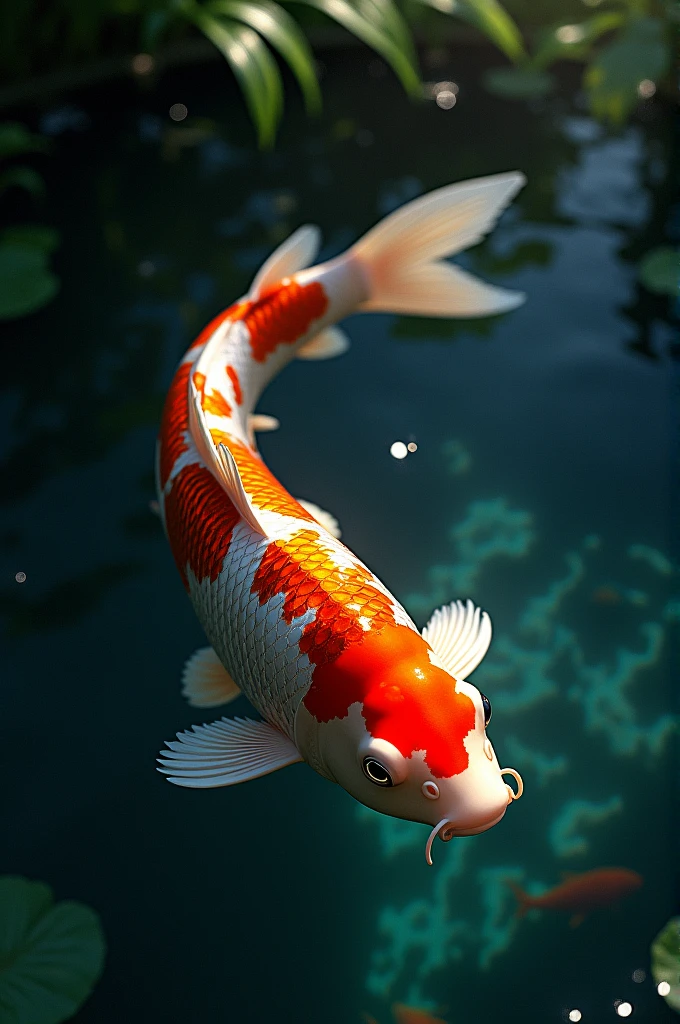 Using the chiaroscuro technique, a Koi fish swimming in a pond.