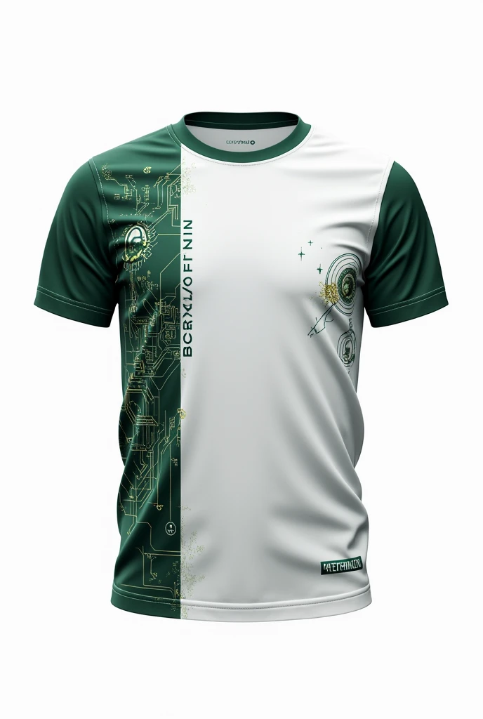 A plain white and dark green t-shirt with cyberpunk prints on a white background without a person