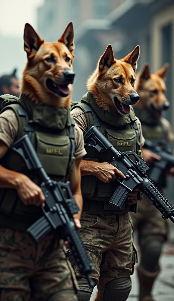 High resolution photo of dogs wearing military uniforms and holding M4 rifles