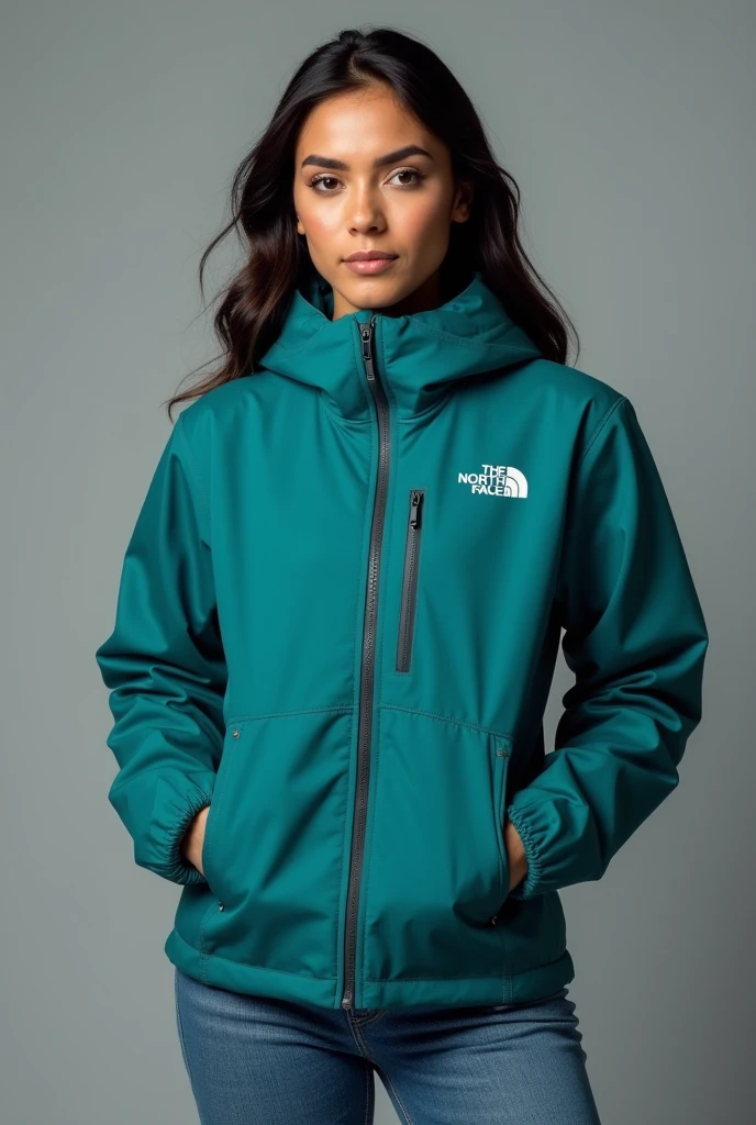 beautiful latin woman, standing straight facing forward,with a closed North Face cold weather jacket in teal, denim jeans pants, on a greyish background. Medium camera shot.