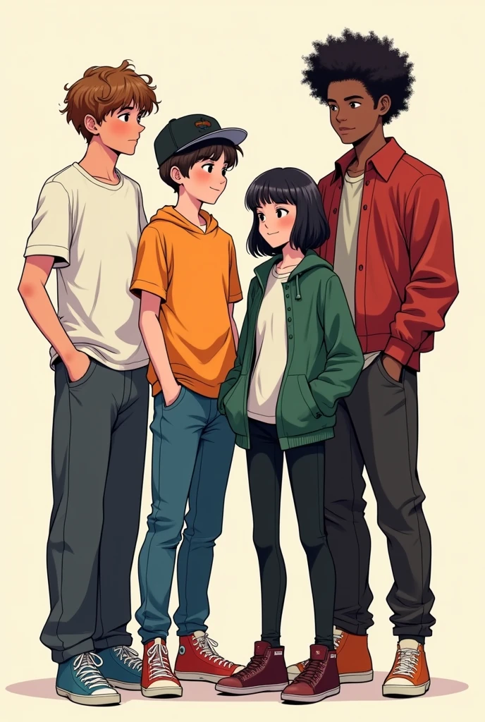 An image with 4 people, a young thin man, with wavy hair and just above shoulder length, wearing baggy pants. a short young woman, dark haired and bangs, a young man not so strong but well defined wearing a black cap. and a tall black boy, with medium curly hair and wearing grunge clothes. Image made with anime lines