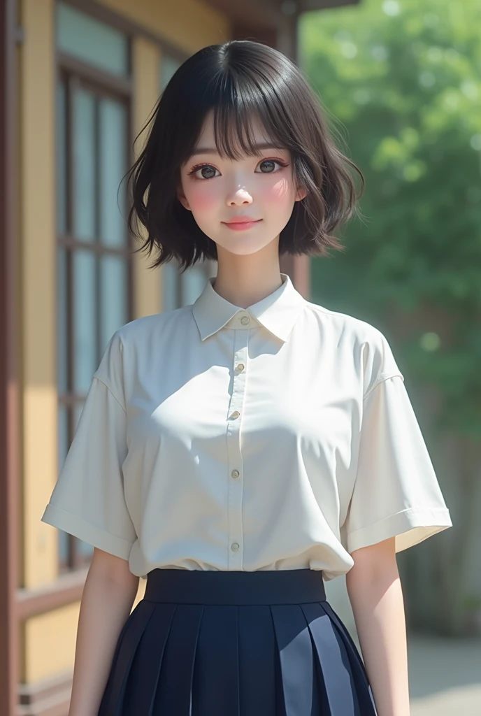 Japanese high school girl cute uniform chest D cup photo、Not a manga but a real-life short-haired, cute-looking girl with large eyes