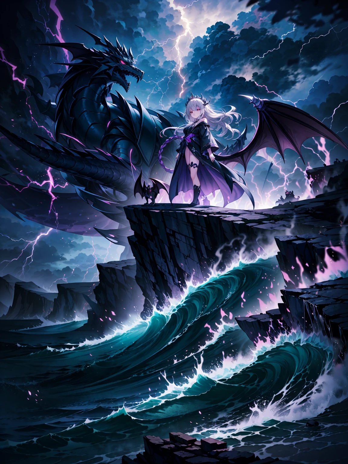 (((masterpiece, best quality, 8k))), mysterious female mage, (full-body), violet dragon silk robes, arcane glow, long wavy violet hair, braided crown, silver streaks, deep amethyst eyes, calm but intimidating expression, standing at the edge of a cliff overlooking a stormy sea, dragons rising from the waves, dark storm clouds illuminated by lightning, (ominous lighting, vibrant highlights)