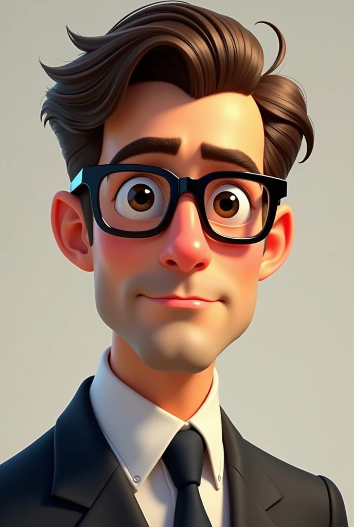 ((Best Quality)), disney pixar character, (detailed), interesting face, man, brown hair combed to the side, black eyes, Black square glasses, dressed in suit