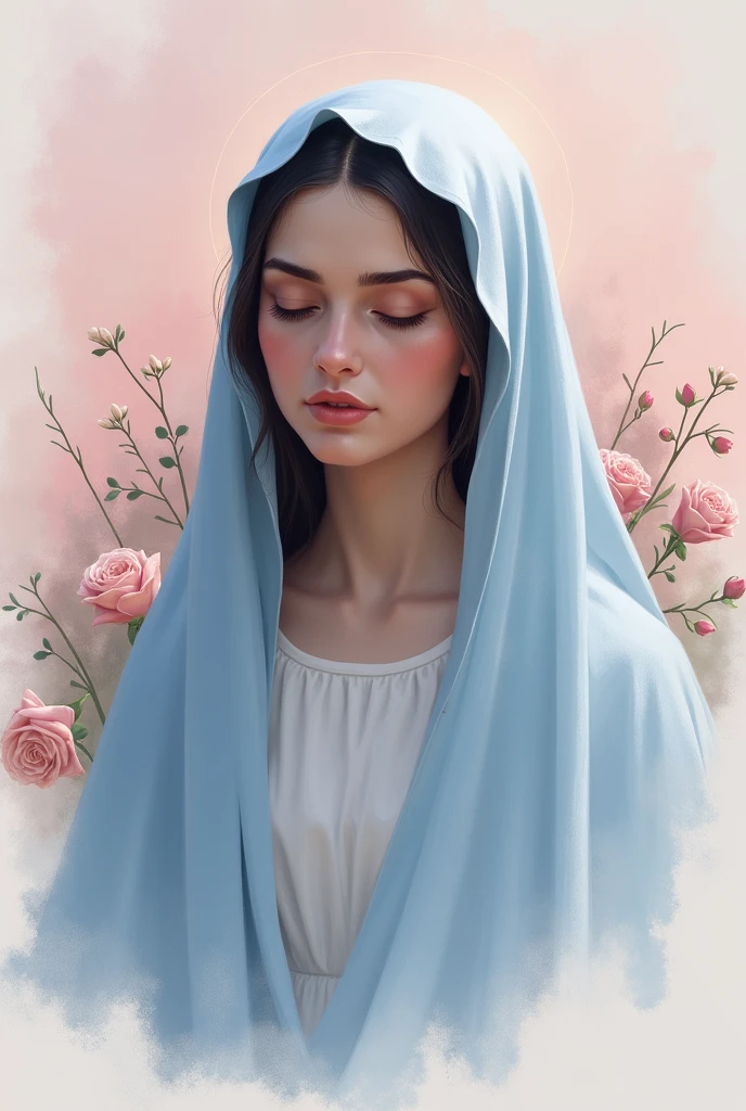 sketch strokes, of the Virgin Mary with a blue-toned veil and black hair, background in shades of pink with flowers