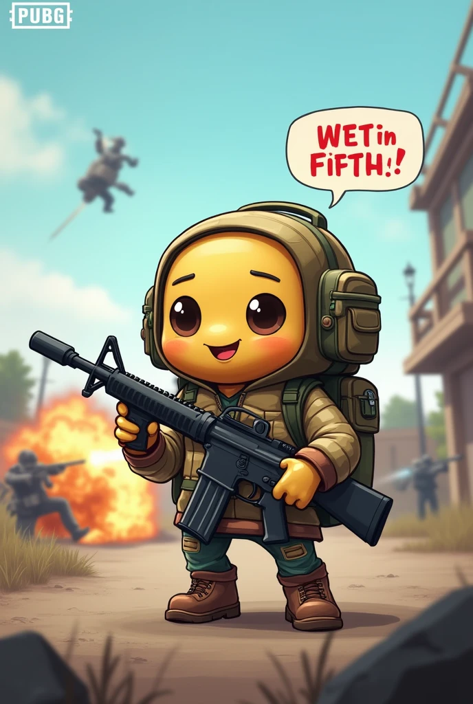 a pubg mobile character playing with an m416 rifle in his hand. Although, this character is a kind of backpack (he looks like a little backpack holding a rifle). The image must have a speech bubble with the following sentence: "I want to fight, carry me". He sees from afar another character killing a third