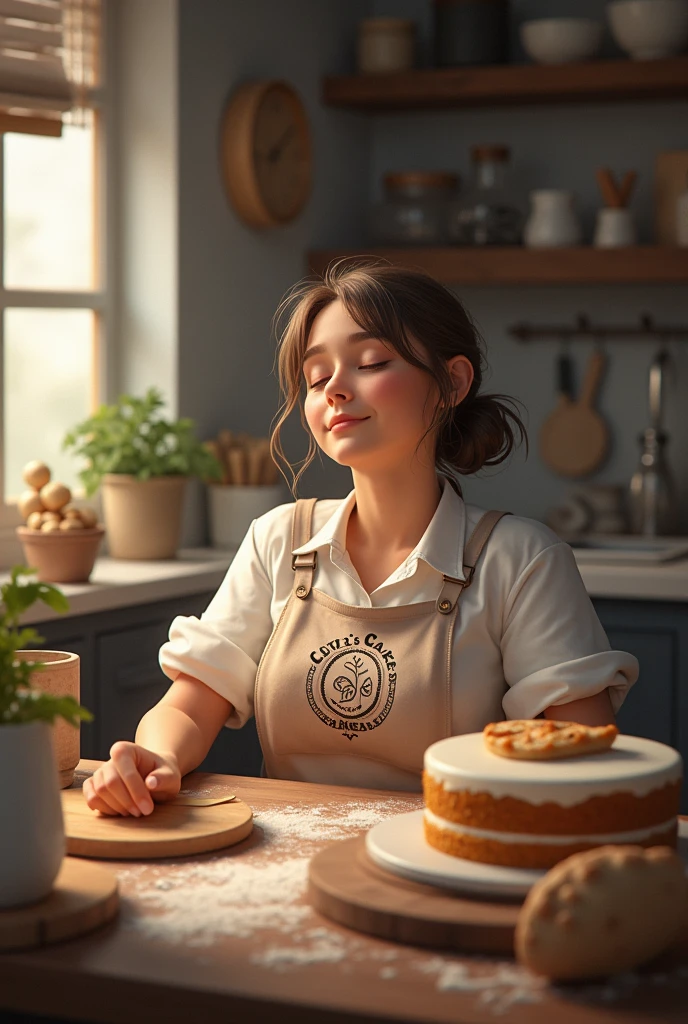 a lady baker wearing apron with a logo " Clev's Cakes and Cupcakes " sleeping , there is a cake in her background also baking materials