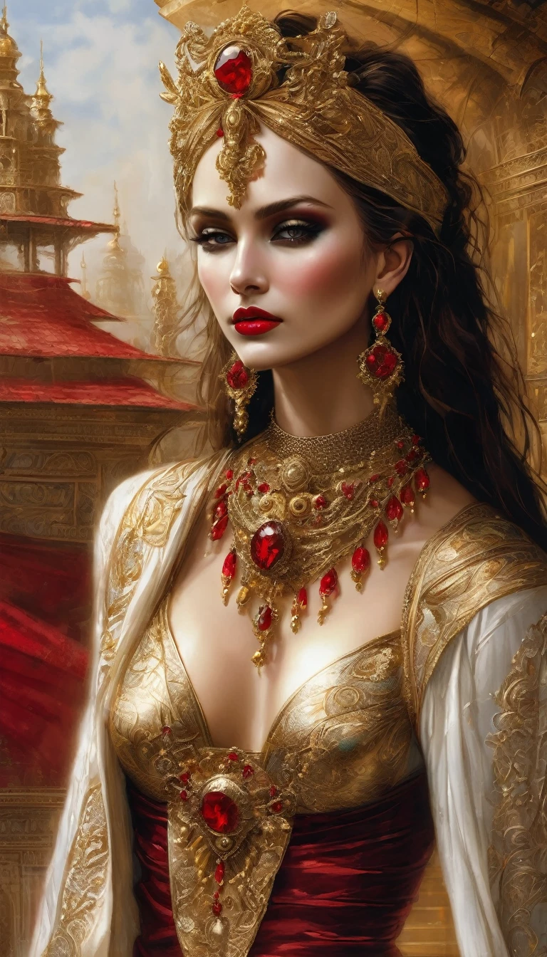 Style by Luis Royo
Highly stylized digital art | Regal woman in full length with pale complexion, ornate gold sunglasses with red lenses, and intricate gold headdress with red roses | Luxurious, royal setting, rich deep red and gold attire | Close-up, focused on her striking facial features and ornate accessories | Soft, radiant lighting highlighting gold accents and gemstones | Full red lips; elaborate gold earrings and necklace; ethereal, majestic presence --ar 3:4 --style raw --v 6.1 --stylize 75