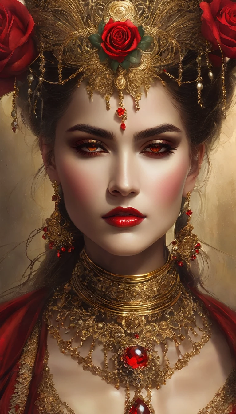 Style by Luis Royo 
Highly stylized digital art | Regal woman in full length with pale complexion, ornate gold sunglasses with red lenses, and intricate gold headdress with red roses | Luxurious, royal setting, rich deep red and gold attire | Close-up, focused on her striking facial features and ornate accessories | Soft, radiant lighting highlighting gold accents and gemstones | Full red lips; elaborate gold earrings and necklace; ethereal, majestic presence --ar 3:4 --style raw --v 6.1 --stylize 75
 


