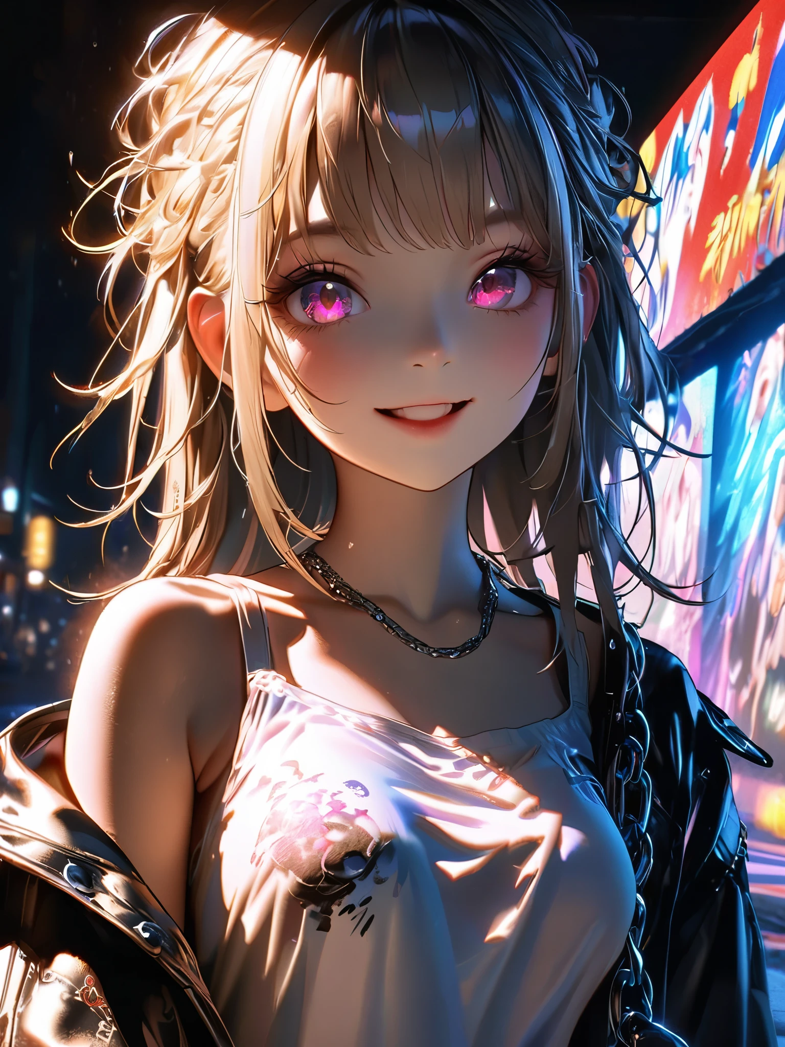 1 girl, chromatic aberration, Written boundary depth, Soft Light, masterpiece, Highest quality, complicated, Tone Mapping, A place where fireworks are set off at festivals. Concept Art, Smooth, Clear focus, Dramatic lighting, Very cinematic, super practical painting, アートステーション's trending, 8k, Incredible Shadows, practical,  whole body, View, Viewers, Portrait of a Girl 1, standing on street corner, Heavy rain and lightning、Dark Sky, neon and cyber punk background, she is dressed in punk clothing with silver chains and silver spikes, Her hair was dyed light brown...............Ominous aura of light, smile, punk, ciber punk, Backlight.Fashionable clothes、Friendly dress code: Wearing a white camisole and shirt.My breasts are a little big
