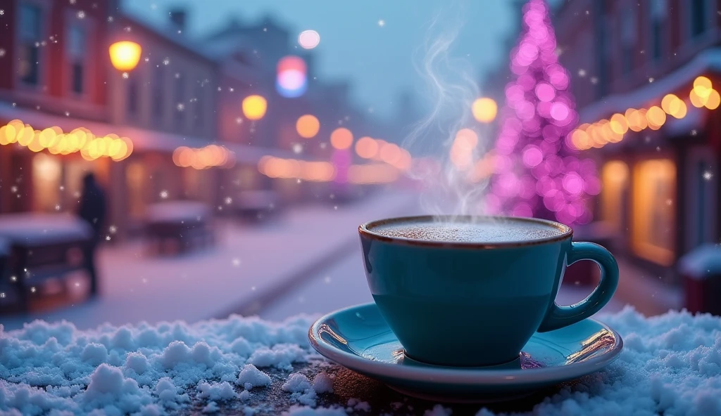 a detailed latte coffee cup, a city at christmas time, snowflakes, christmas decorations in purple and teal tones, a colorful and dreamlike environment, glittering lights, bokeh effects,(best quality,4k,8k,highres,masterpiece:1.2),ultra-detailed,(realistic,photorealistic,photo-realistic:1.37),cityscape,winter landscape,christmas,holiday,coffee,beverage,steam,warm lighting,purple,teal,glowing,sparkling,dreamlike,fantasy,bokeh