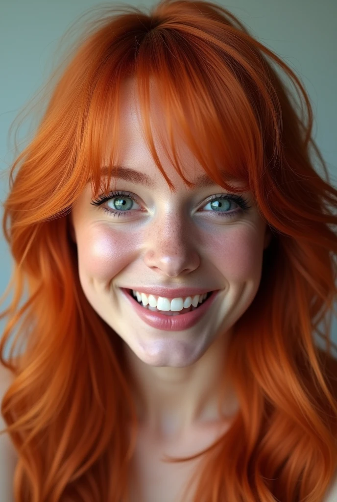 Red-haired blue-eyed woman with a silly smile, but I want a real photo 