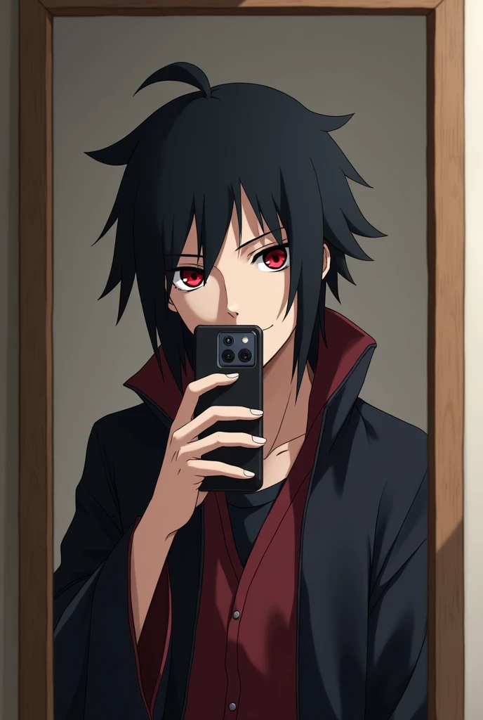 Personage Shisui of Naruto, taking a photo holding the cell phone in a mirror with the anime head but a somewhat human body using the same image but placing the sharigan eyes better