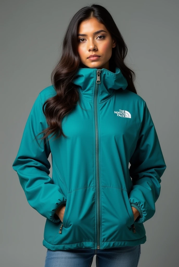 beautiful latin woman,  standing straight facing forward,with a closed North Face cold weather jacket in teal, denim jeans pants, on a greyish background. Medium camera shot.