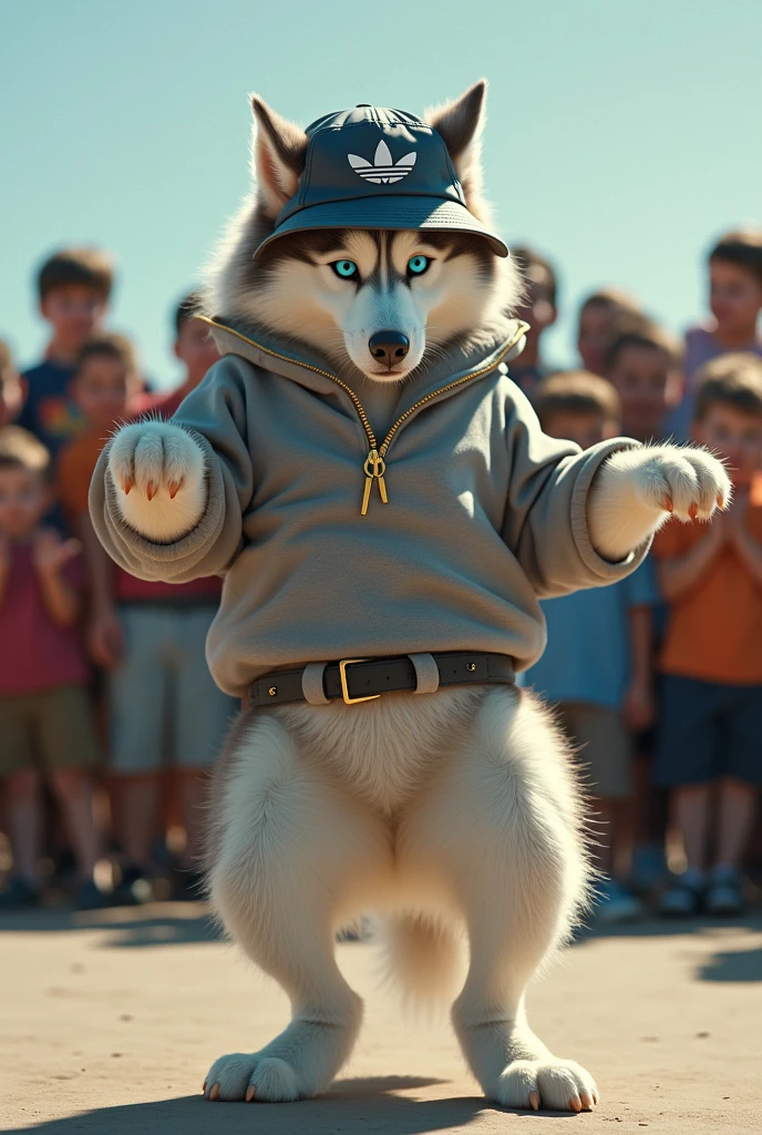 hyper-realistic photo of a Siberian Husky wearing Adidas clothing and a bucket hat breakdancing in front of a crowd of children in a circle with a stereo in the corner