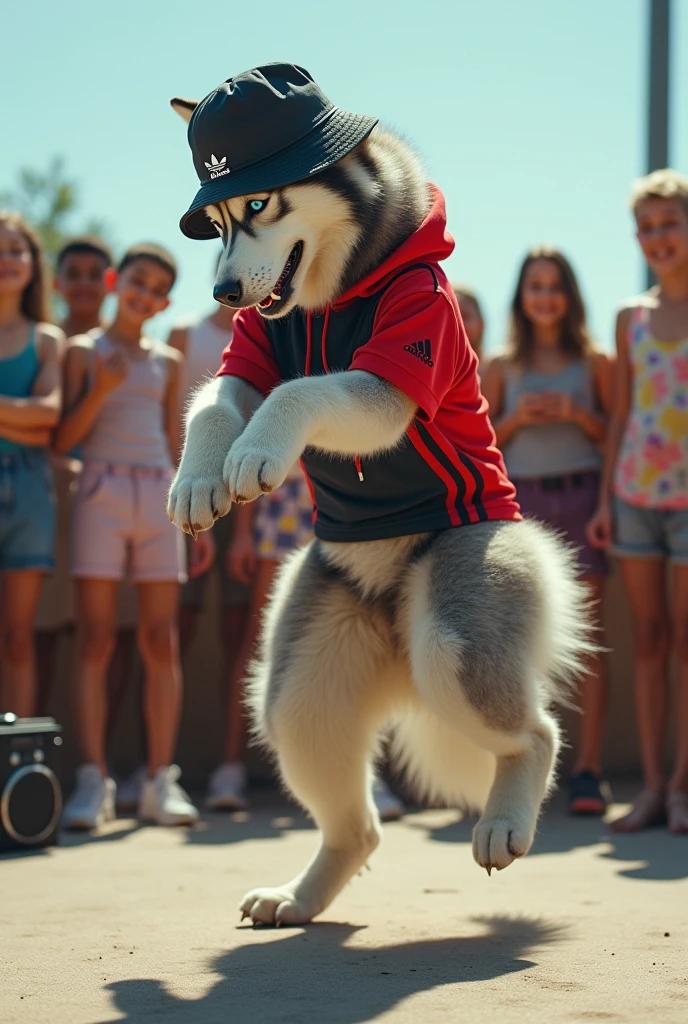 hyper-realistic photo of a Siberian Husky wearing Adidas clothing and a bucket hat breakdancing in front of a crowd of children in a circle with a stereo in the corner