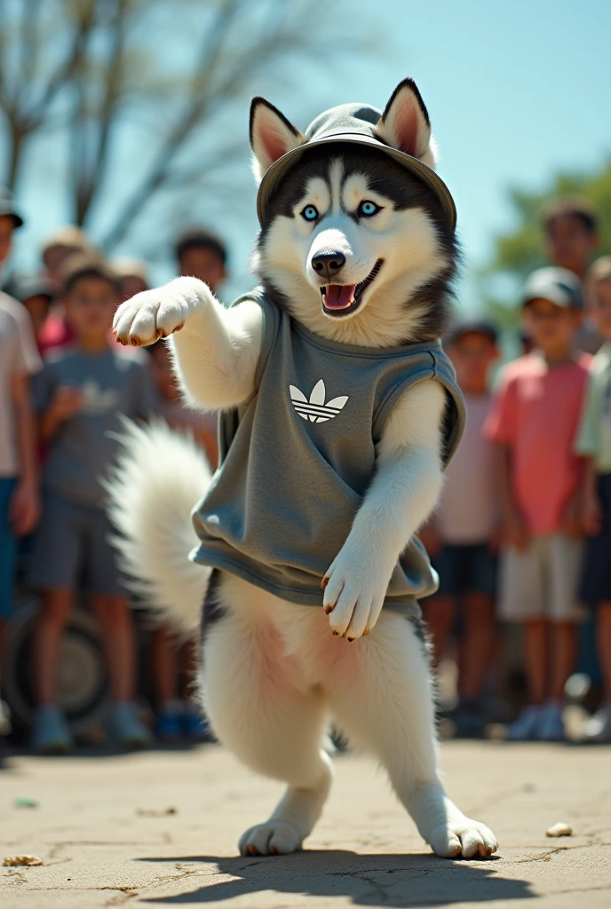 hyper-realistic photo of a Siberian Husky wearing Adidas clothing and a bucket hat breakdancing in front of a crowd of children in a circle with a stereo in the corner