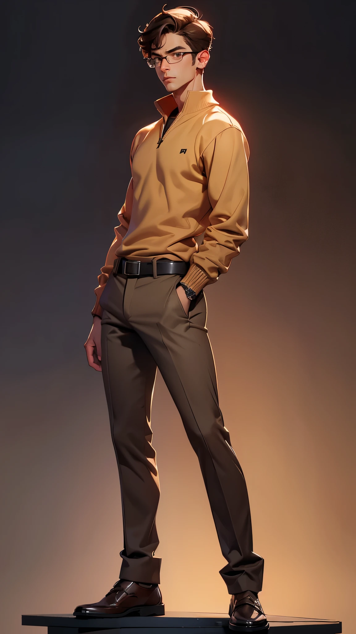 envision a 8k, highres, semi realistic cinematic full body concept art design sheet of a smart nerdy guy working on technology with a slender body, clean shaved, short sleek brown hair, and brown eyes, glasses, red sweatshirt, beige slacks, belt, dress shoes, tech attachments, against a dark gray background