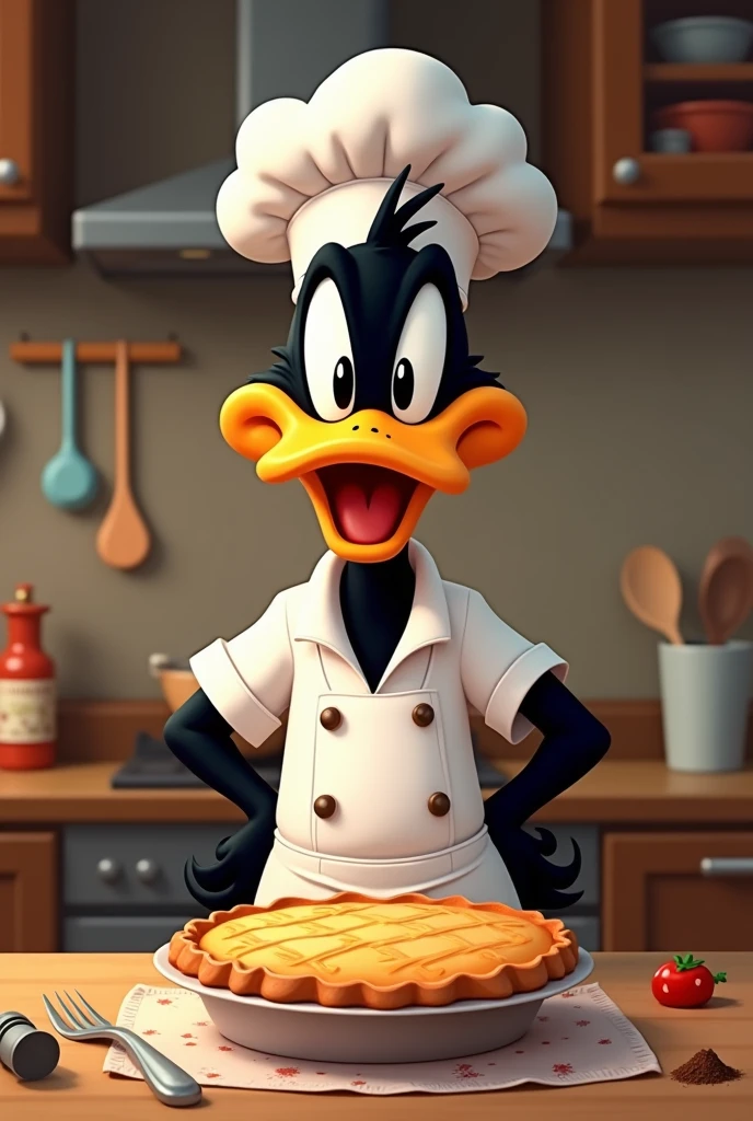 Daffy Duck from Looney Tunes in a chef's suit with a pie on the table