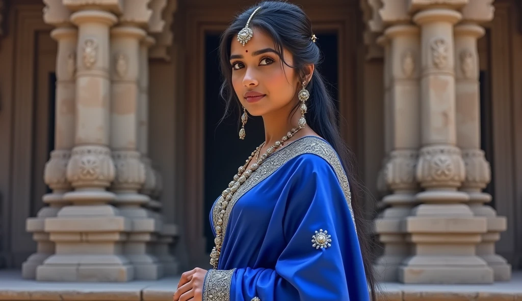 A photo of a painting of a young Indian bride draped in a rich royal blue silk saree, featuring intricate zari work and silver embellishments. The traditional bride and her long black hair is styled in a sleek ponytail. She is positioned in front of a beautiful Indian temple, with the temple’s elaborate entrance and stone carvings serving as the backdrop. The lighting is soft and ethereal, highlighting the bride’s serene expression and the elegance of her attire.