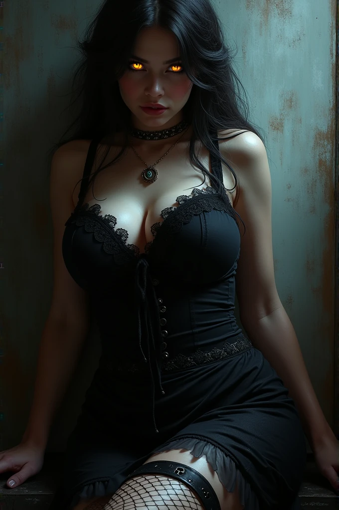 a woman in a black gothic dress, highly detailed facial features, piercing glowing eyes, full lips, huge breasts, wearing fishnet stockings and a garter belt, dark fantasy, cinematic, chiaroscuro lighting, dramatic shadows, rich color palette, digital painting