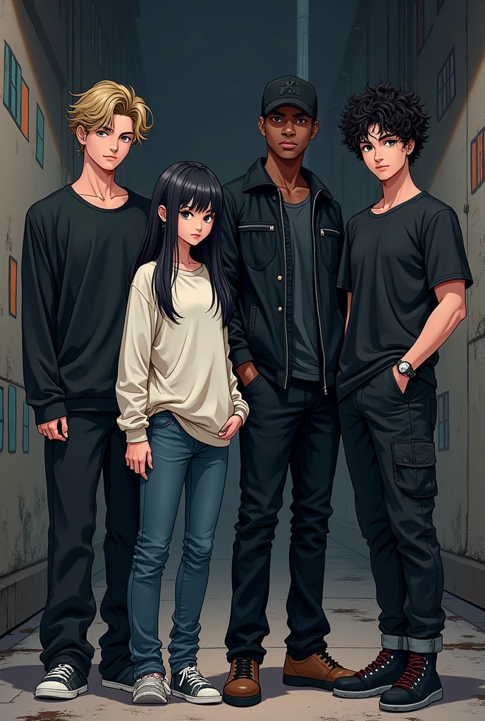 An image with 4 people, a young thin man, with wavy hair and just above shoulder length, wearing baggy pants. a short young woman, dark haired and bangs, a young man not so strong but well defined wearing a black cap. and a tall black boy, with medium curly hair and wearing grunge clothes. Image made with thick lines of a gothic anime