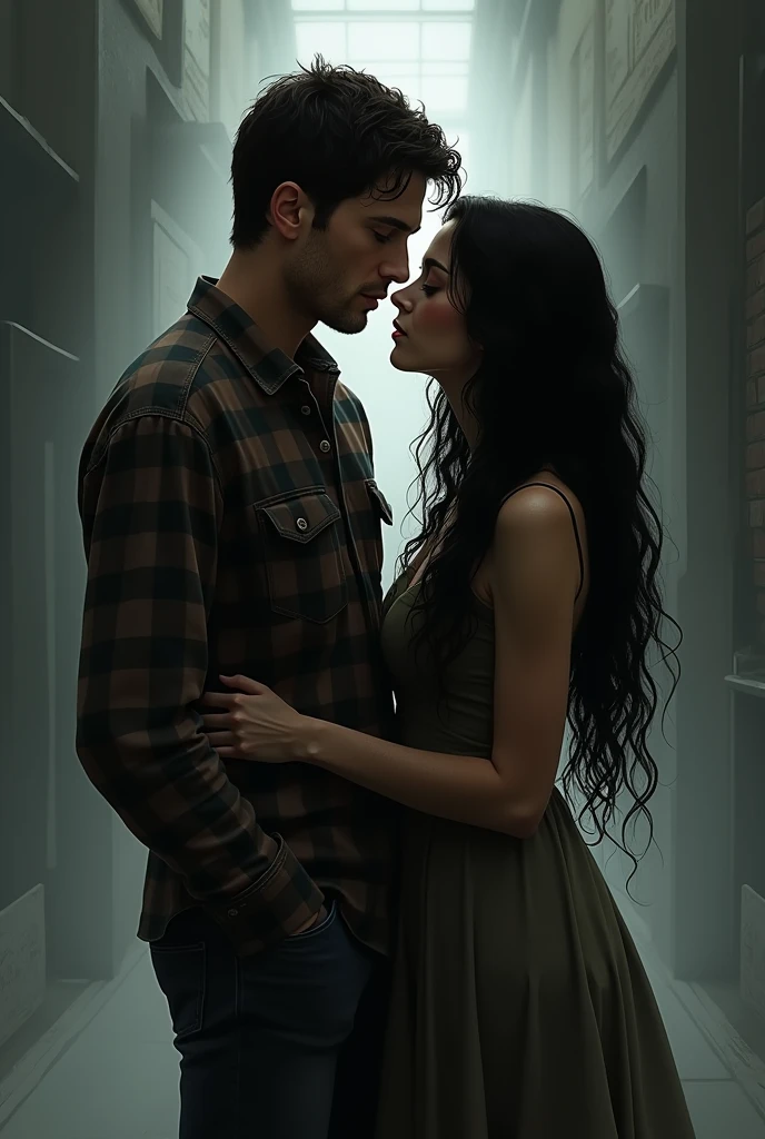 Dean Winchester of Supernatural is standing with a woman with long, black, curly hair. They are a couple. The image should be drawn in a draw style with dark lighting and a soft color scheme.