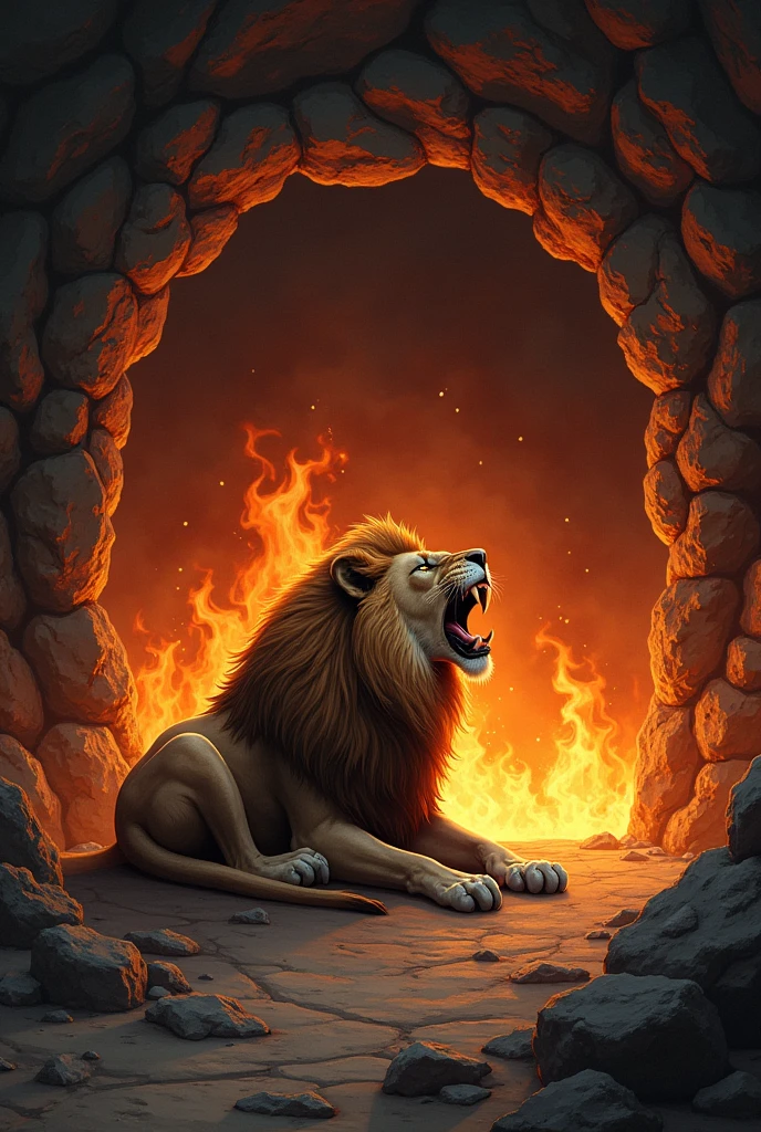 Wallpaper of a stone cave, inside it a lion lying down roaring, and flames of fire around the cave.