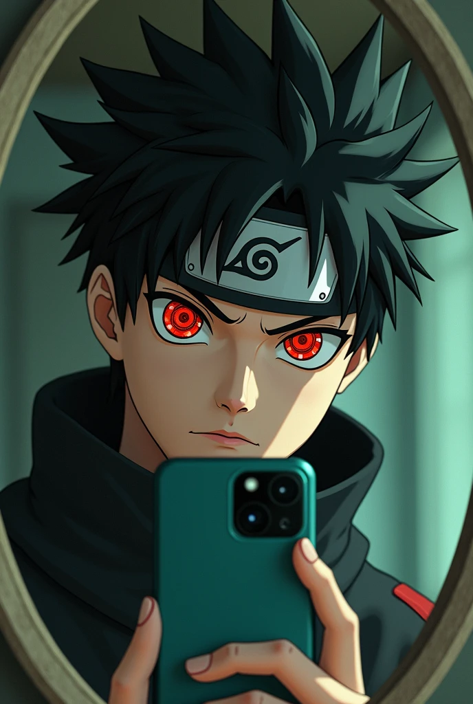 Personage Shisui of Naruto, taking a photo holding the cell phone in a mirror with the anime head but a slightly human body using the same image but placing the sharigan eyes better making the photo a little more realistic with the real world