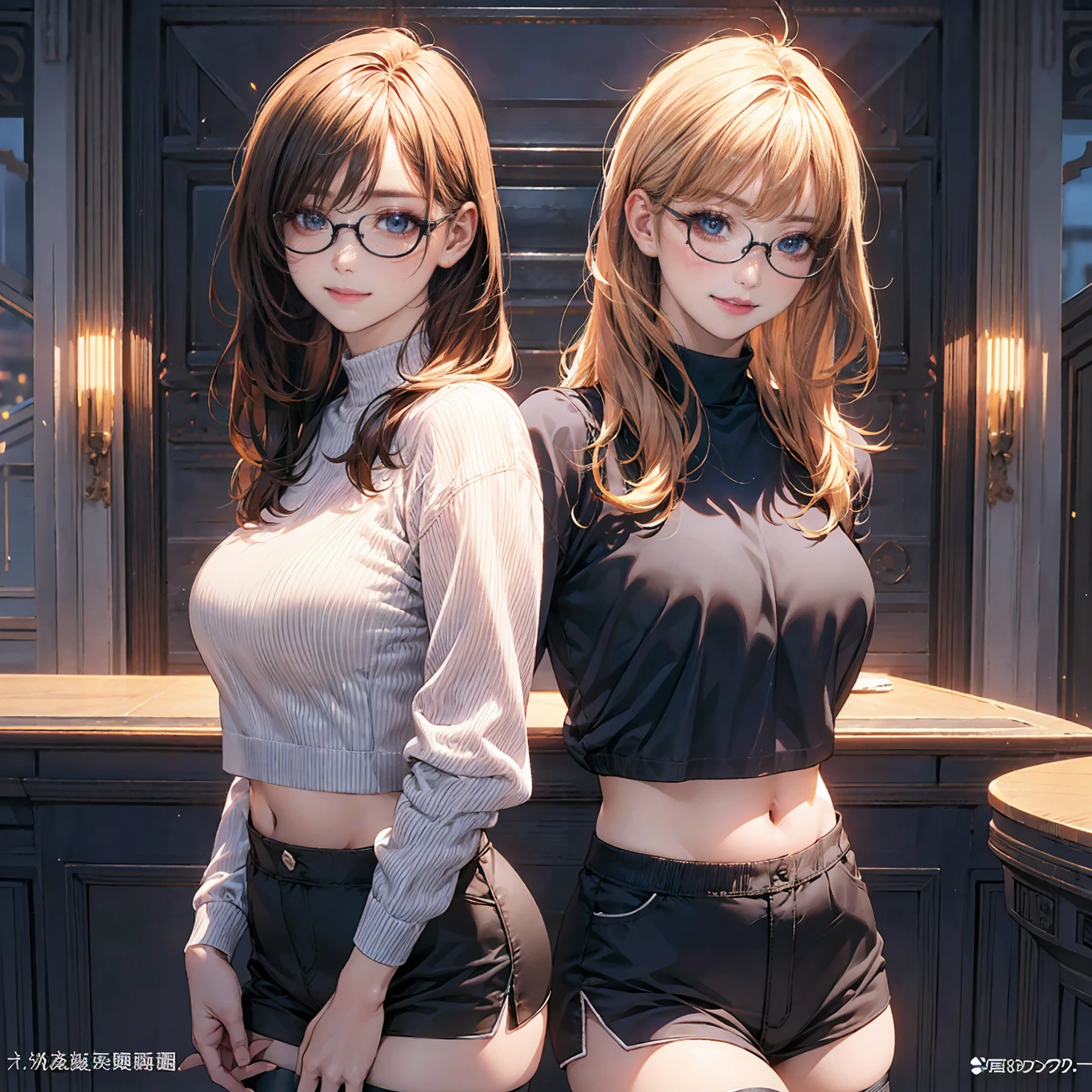 (masterpiece:1.2, Highest quality), (Realistic, photoRealistic:1.4), Beautiful illustrations, (Natural Side Lighting, Cinema Lighting), Looking at the audience, Upper Body, (Front view), 1 girl, Perfect Face, Symmetrical cute face, Glowing Skin, Baby Face, Long eyelashes, (Large Breasts), (Wide Hips),Beautiful Hair, Beautiful Face, Beautiful and beautiful eyes, Beautiful body, Beautiful breasts, Beautiful thighs, Beautiful legs, Beautiful fingers,(Beautiful views),(Cute Smile:1.2, Superior),woman with a Striped shirt, Stockings and high heels open legs, And turn to the side, One girl, alone, Glasses, belly button, 丸いGlasses, shirt, Knee-high socks, Striped, Knee socks, abdomen, Striped shirt, Long Hair, View your viewers, Blonde, 黒縁Glasses, indoor, Crop top, short Shorts, Long sleeve, Shorts, black Shorts, black Knee socks,, Put your arms behind your back