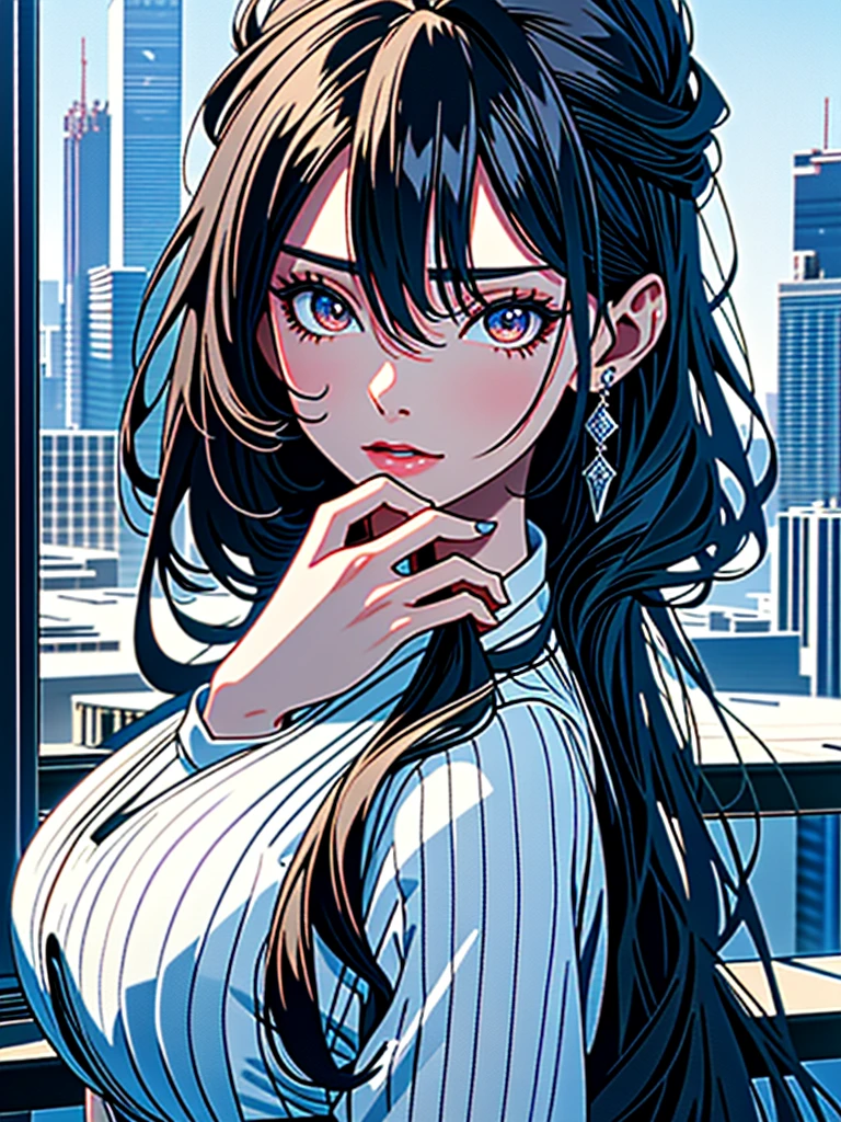 Masterpiece、Ultra-high resolution、Detailed expression、Beautiful depiction、8k、Highest quality、Artwork、(Giant:1.3)、Beauty、whole body、Beautifully detailed face、Over the city、A towering presence、Black Hair、18 meters tall、Married Woman、apron、Troubled face、skyscraper