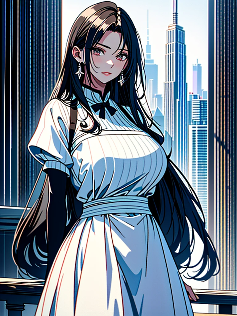Masterpiece、Ultra-high resolution、Detailed expression、Beautiful depiction、8k、Highest quality、Artwork、(Giant:1.3)、Beauty、whole body、Beautifully detailed face、Over the city、A towering presence、Black Hair、18 meters tall、Married Woman、apron、Troubled face、skyscraper