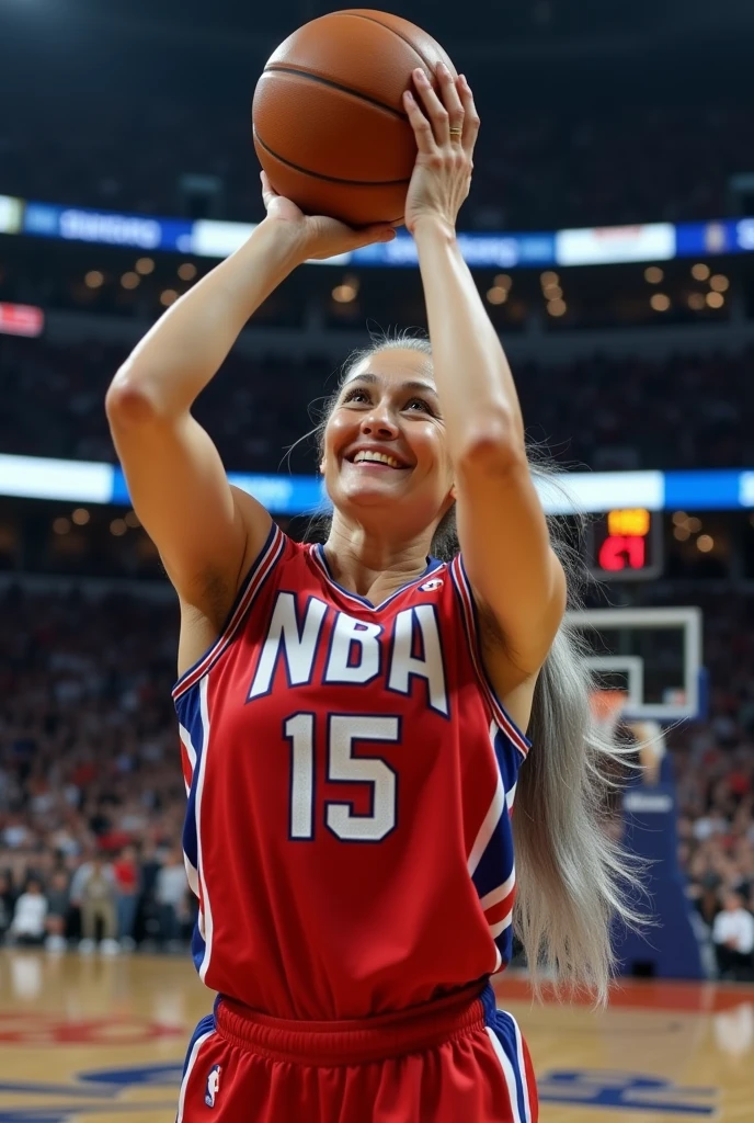 A beautiful youthful looking white Asian women as a 50 years old woman with very long hair completely gray hair in a 90s ponytail as a retired NBA player wearing her old NBA jersey shooting the ball in the basket in a nba stadium she is smiling for the camera