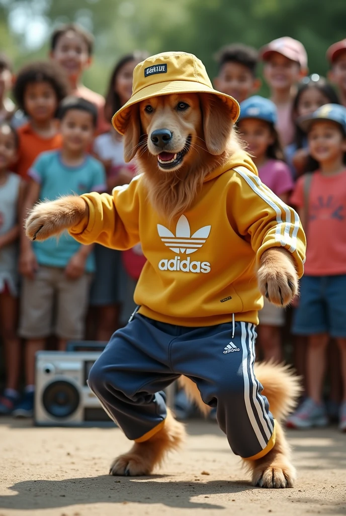 hyper-realistic photo of a Golden retriever wearing Adidas clothing and a bucket hat break dancing in front of a crowd of children in a circle with a stereo in the corner