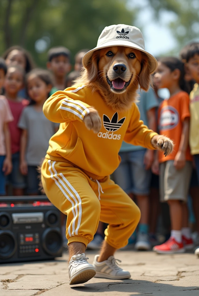 hyper-realistic photo of a Golden retriever wearing Adidas clothing and a bucket hat break dancing in front of a crowd of children in a circle with a stereo in the corner