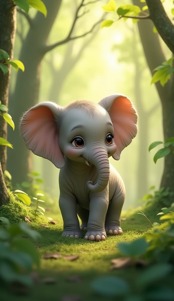 The newborn baby elephant from the head and cute, the background has a lot of light green trees.