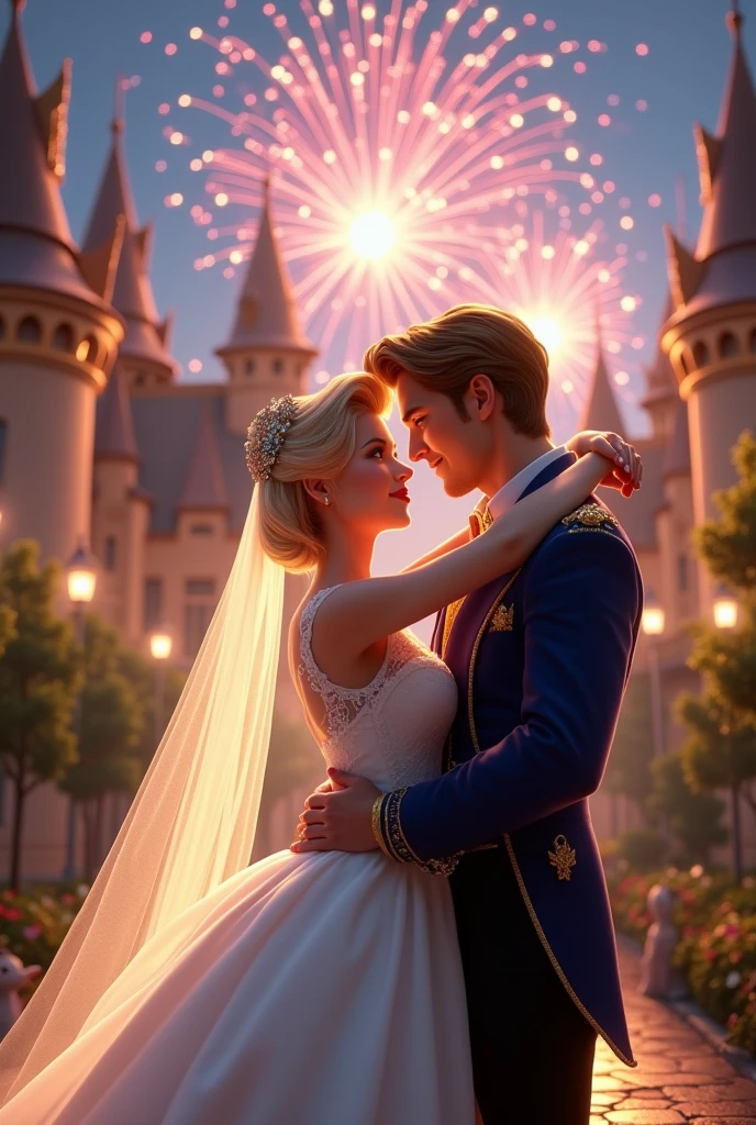 Cinderella and the prince getting married and living happily, with a celebration scene., WITH BLONDE CINDERELLA IN WHITE WITH FIREWORKS IN THE BACKGROUND , Very realistic
