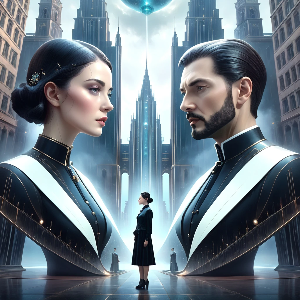 A man and a woman are standing in front of a building, Symmetrical Portraits SF, And Mumford tom bagshaw, Key Art, And Mumford. 8k octane rendered, Symmetrical digital illustration, Digital Art 4K Anxiety, Symmetrical concept art, Sylvain Sarayl and Igor Morski, Beeple and Mike Winkelman, environmental Key Art