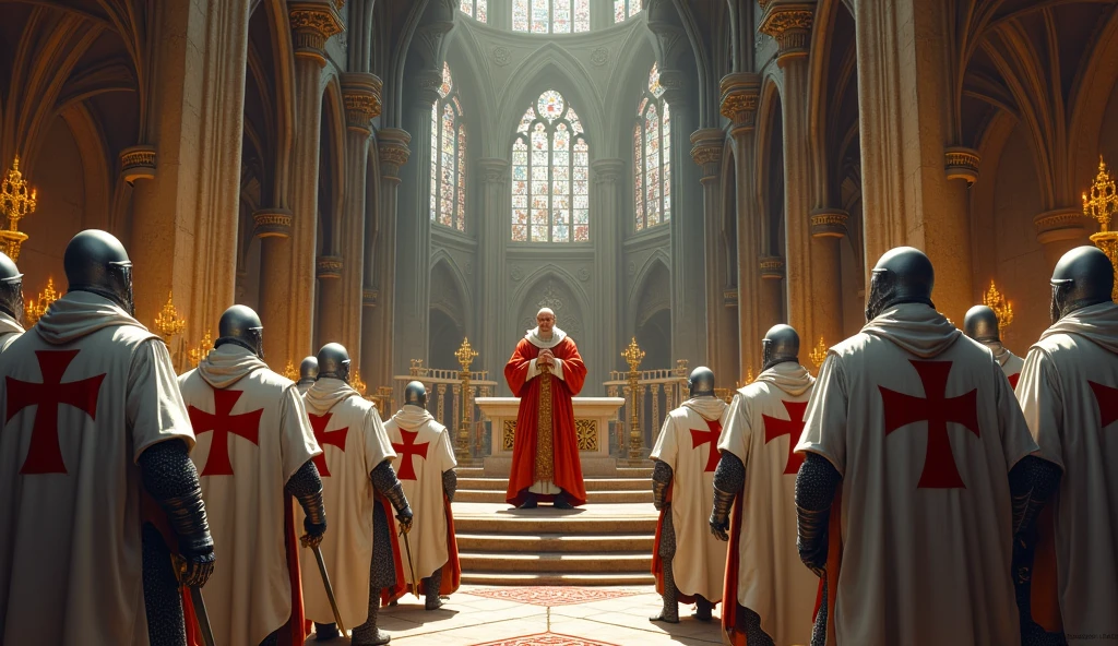 Templar warriors and pope inside 12th century medieval church in France