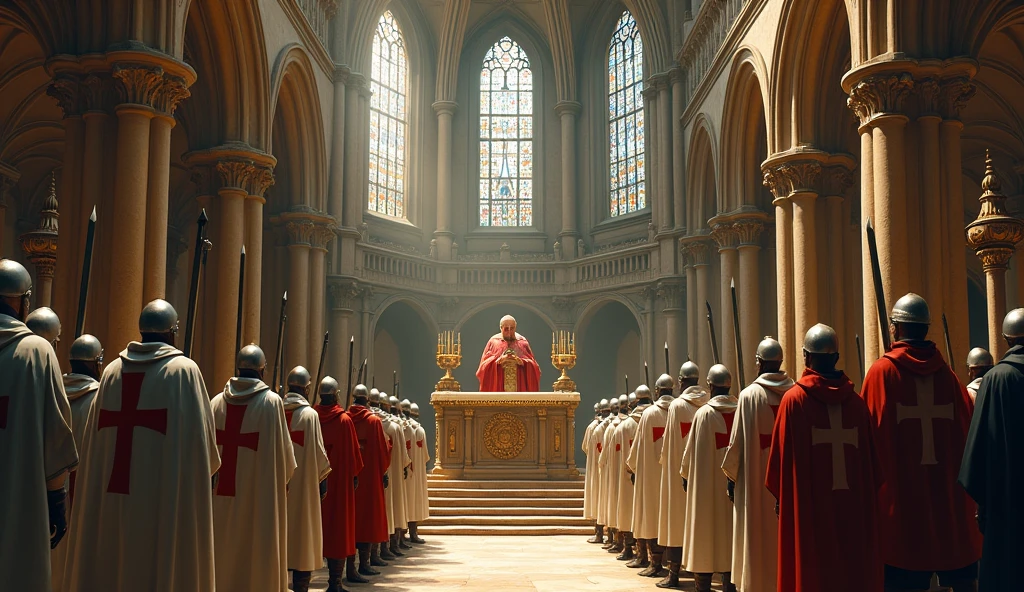 Templar warriors and pope inside 12th century medieval church in France
