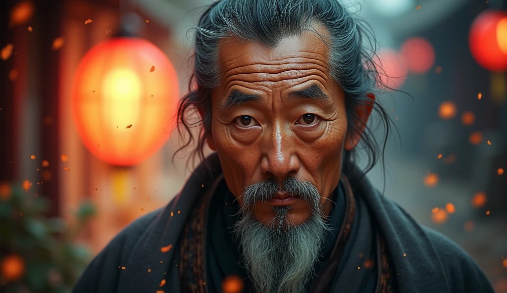 ancient asian man looking directly at the camera, not at the center, clear facial features, bright colors, light particles, with bright light, Mushhiv, wallpaper art, UHD wallpapers, vivid atmosphere, near a house ancient village